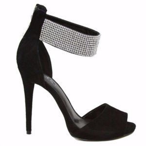 Bebe Alexis Ankle Cuff Heels Size 9 Suede Peep Toe Crystal Strap Stiletto Pumps